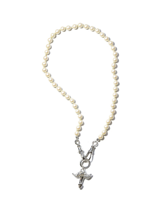 The Feltt Silver Fascinus Phallic Pendant Charm With Beige Pearl Beaded Choker Necklace