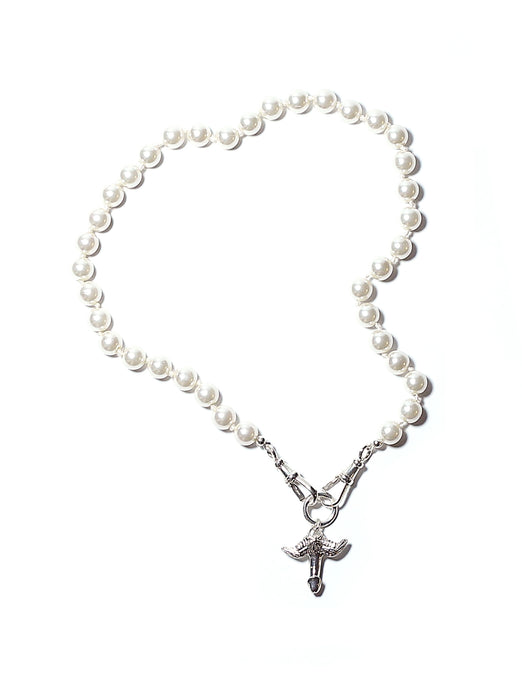 The Feltt Silver Fascinus Phallic Pendant Charm With Pearl Beaded Choker Necklace