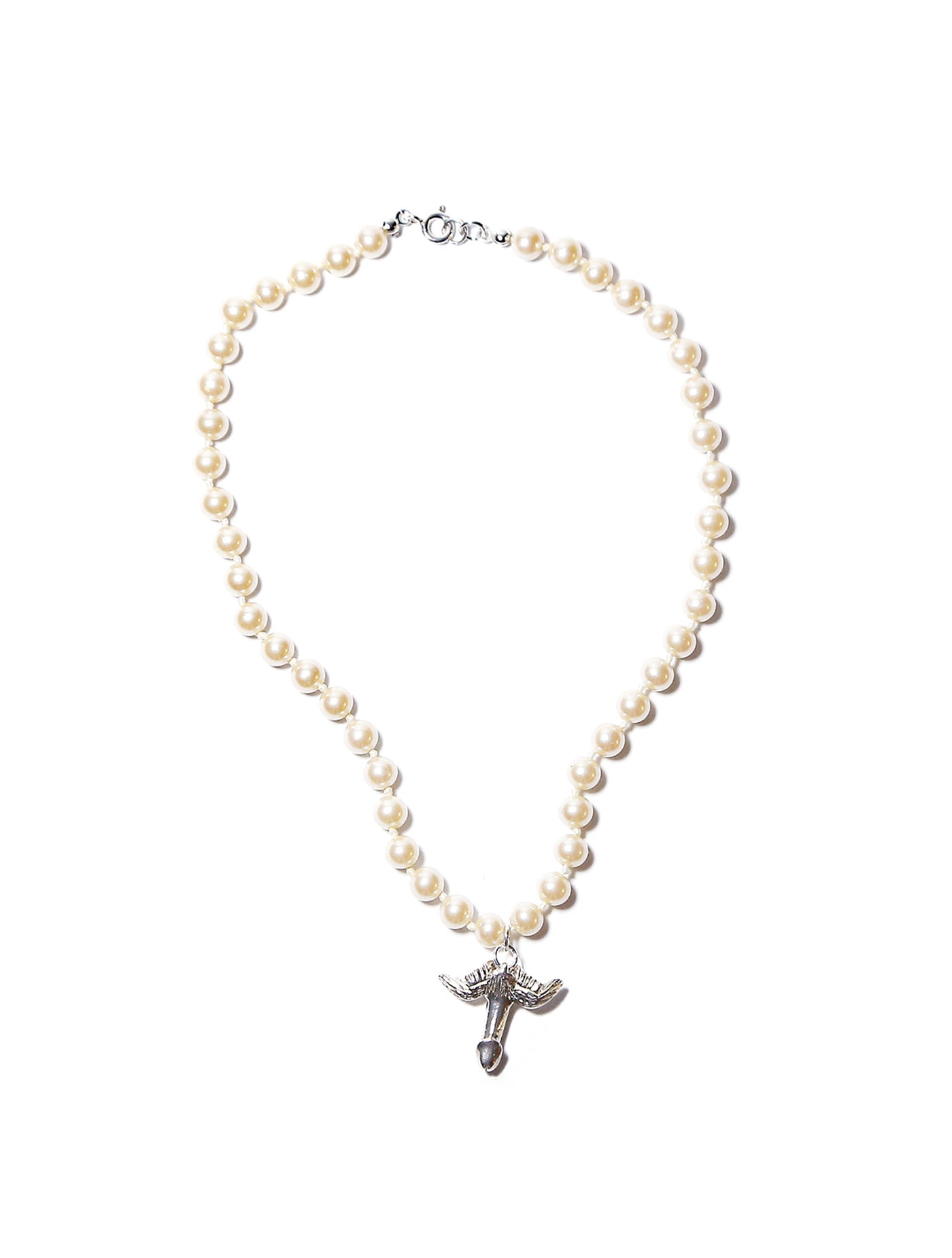 The Feltt Silver Fascinus Phallic Pendant Charm With Pink Pearl Beaded Choker Necklace